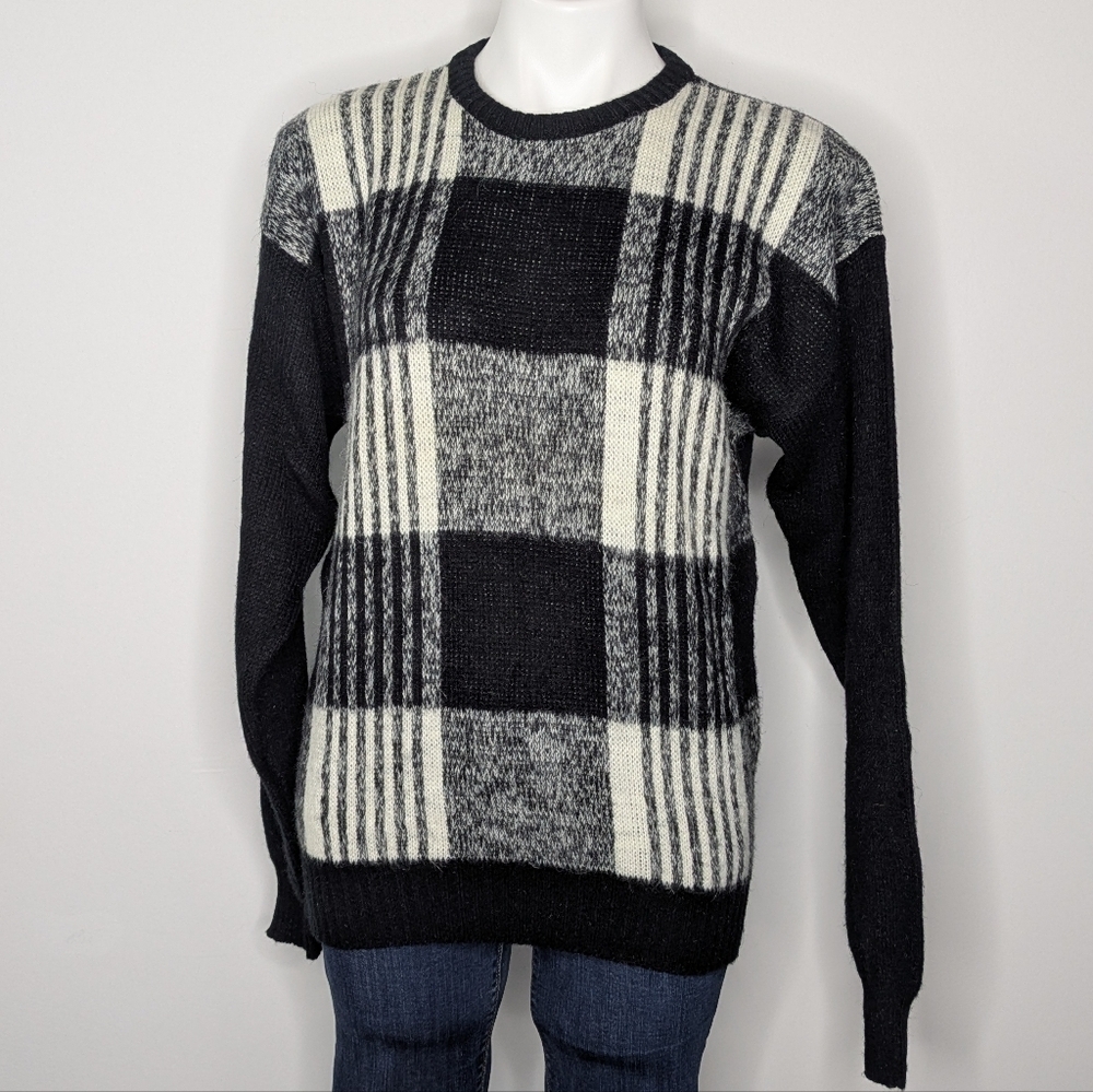 Vintage Koman Black White Plaid Striped Long Sleeve Sweater M